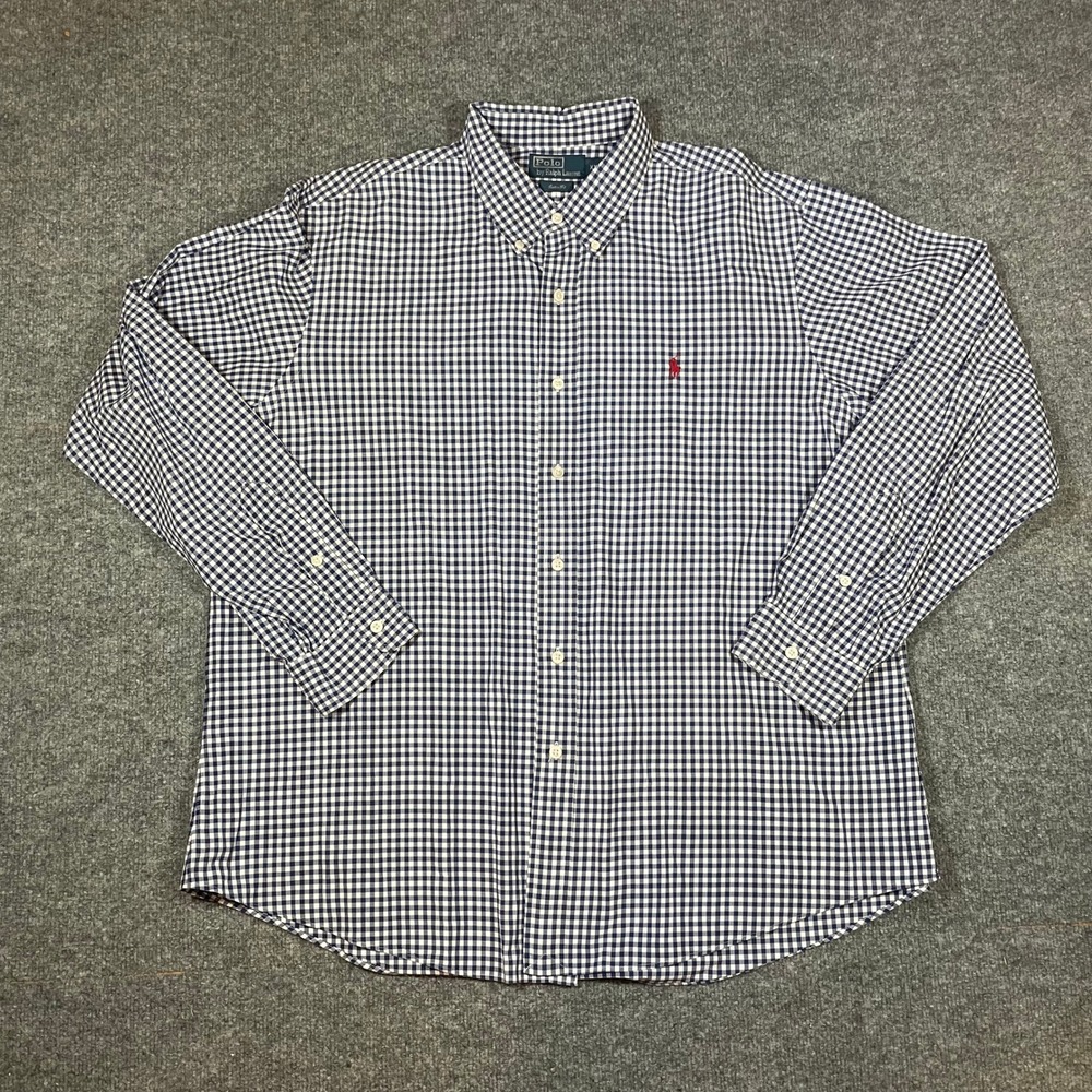 Polo Ralph Lauren Button Down Mens XXL Navy Gingham Custom Fit Cotton Shirt